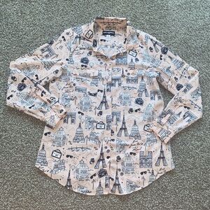 NWOT Karl Lagerfeld Parisian Cityscape Icon Graphic Pattern Button Down Blouse
